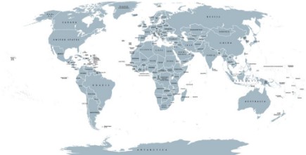Afbeeldingen van World political map Detailed map of the world with shorelines national borders and country names Robinson projection english labeling grey illustration on white background