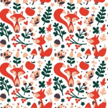 Picture of Seamless cute autumn pattern made with fox bird flower plant leaf berry heart friend floral nature acorn Rowan mushroom
