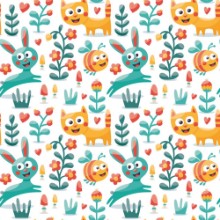 Afbeeldingen van Seamless cute animal pattern made with cat hare rabbit bee flower plant leaf berry heart friend floral kitten