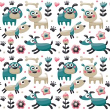 Picture of Seamless cute pattern made with dog birds flowers paw trace plants berries