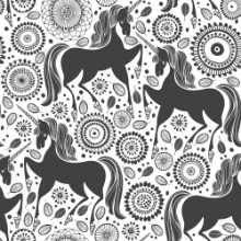 Afbeeldingen van Fairytale pattern with  unicorns on a floral background Black and white vector illustration