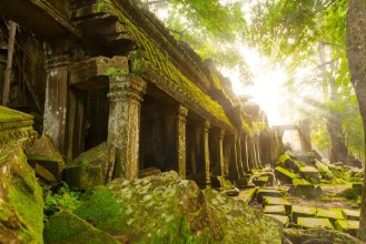 Image de Ancient Ta Prohm Temple in the morning sun rays Angkor Cambodia Ruin