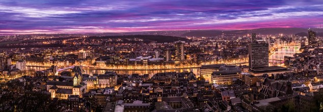 Picture of Cityscape from Mountain de Bueren in Liege Belgium at dusk The river Maas leads through the scenery
