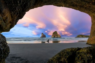 Picture of Wharariki beach New zealand at sunset scenery