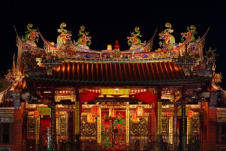 Picture of Decorated roof and second floor of traditional old chinese temple Seh Tek Tong Cheah Kongsi in Georgetown Penang Malaysia UNESCO world heritage site Night view
