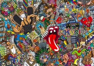 Bild på Music collage on a large brick wall graffiti