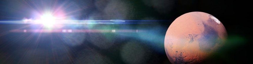 Afbeeldingen van Mars in natural colours in front of the bright Sun