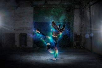 Picture of B-boy performing some moves  Mixed media