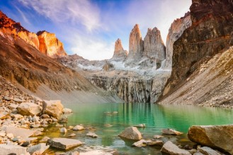 Afbeeldingen van Laguna torres with the towers at sunset Torres del Paine National Park Patagonia Chile