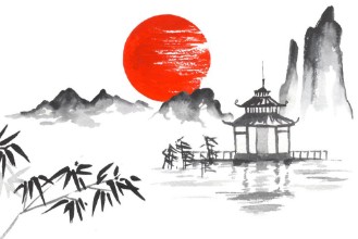 Afbeeldingen van Japan Traditional japanese painting Sumi-e art Sun Mountain Temple Bamboo