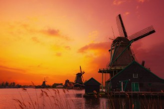 Bild på Traditional Dutch windmills on the canal bank at warm sunset light in Netherlands near Amsterdam