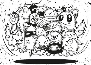 Afbeeldingen van Angry cartoon monsterHand drawn Crazy doodle Monster group Halloween conceptdrawing styleVector illustration