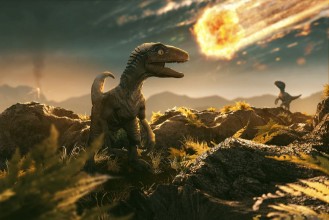 Bild på Velociraptor ser en asteroid