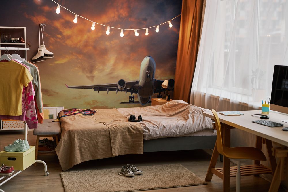 Picture of Landing airplane Landscape with white passenger airplane is flying in the blue sky with clouds at colorful sunset Travel background Passenger airliner Business trip Commercial aircraft Concept