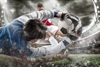 Afbeeldingen van Goalkeeper catches the ball in the stadium