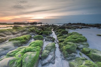 Picture of Colorful sunset with natural coastal rocks Image contain soft focus due to long exposure
