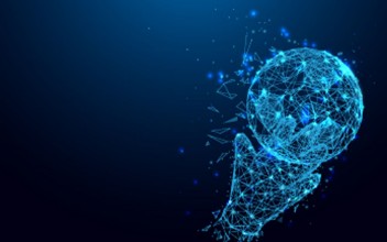 Afbeeldingen van Abstract goalkeeper hands catching ball form lines and triangles point connecting network on blue background Illustration vector