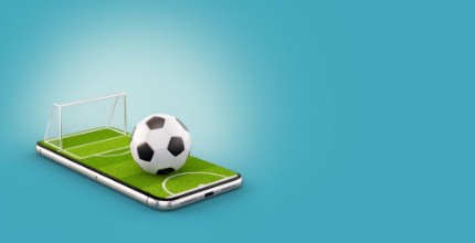 Bild på Unusual 3d illustration of a soccer field and soccer ball on a smartphone screen Watching soccer and betting online concept