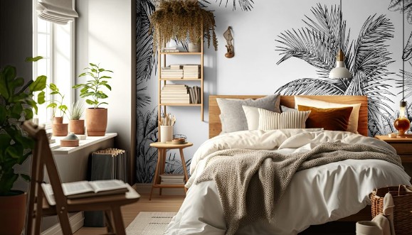 Bild på Tropical card with palm trees and leaves Black and white Hand drawn vector illustration