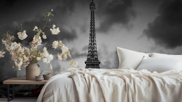 Bild på Effel Tower Paris France and retro red car Black and white