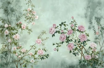 Romantic roses in green photowallpaper Wallpassion