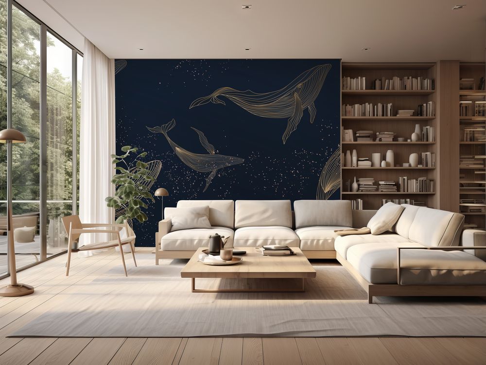 Whales in Golden Line Style photowallpaper Wallpassion