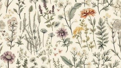 Retro Pattern with Flowers and Leaves photowallpaper Wallpassion