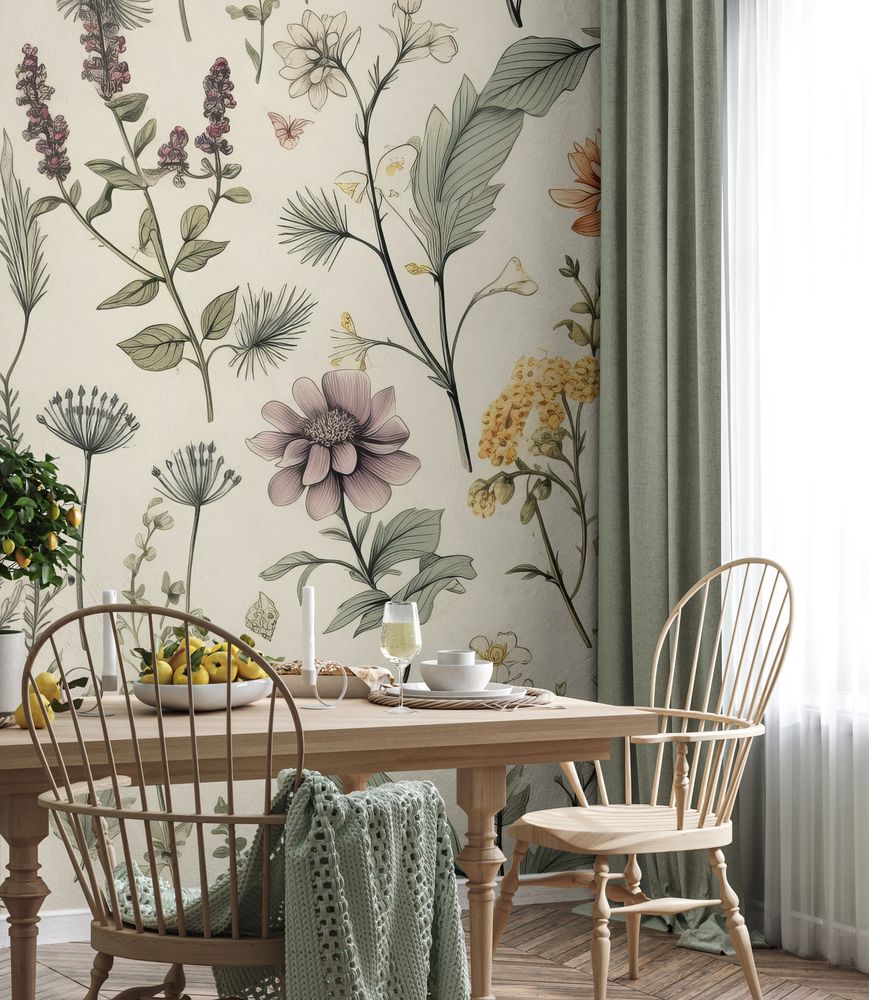 Retro Pattern with Flowers and Leaves photowallpaper Wallpassion