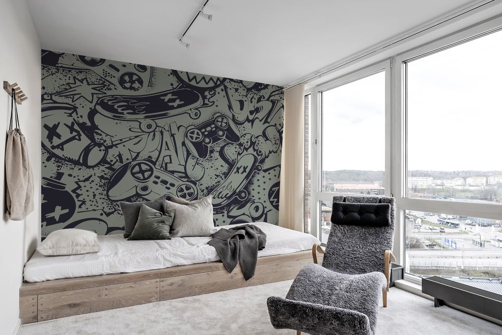 Graffiti with Gaming and Skateboard photowallpaper Wallpassion