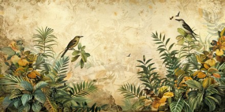 Vintage Illustration with Birds in Forest photowallpaper Wallpassion