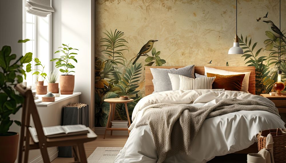 Vintage Illustration with Birds in Forest photowallpaper Wallpassion