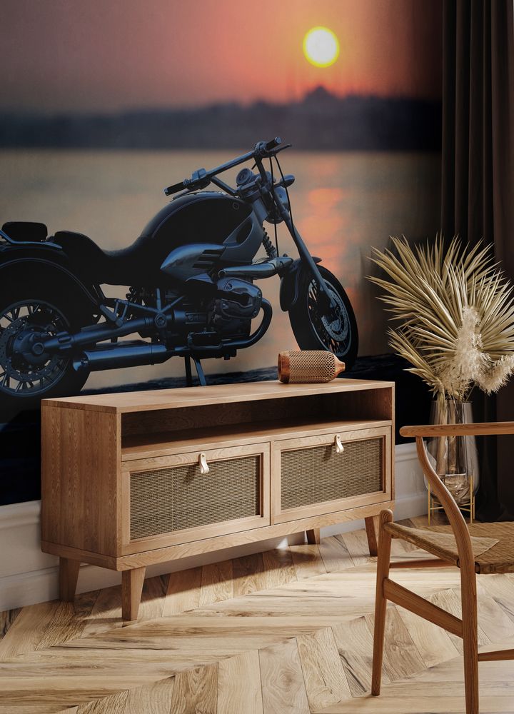 Motorcycle on the rocks in sunset and golden hours photowallpaper Scandiwall