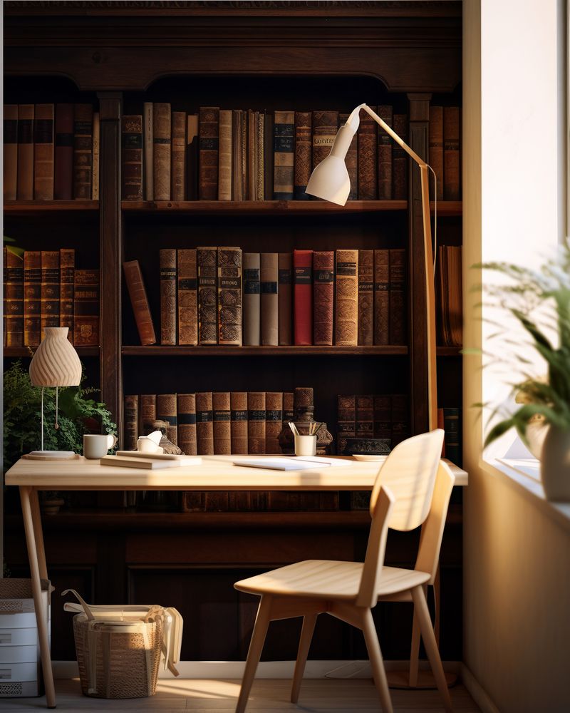 Intricate wooden bookshelf I photowallpaper Scandiwall
