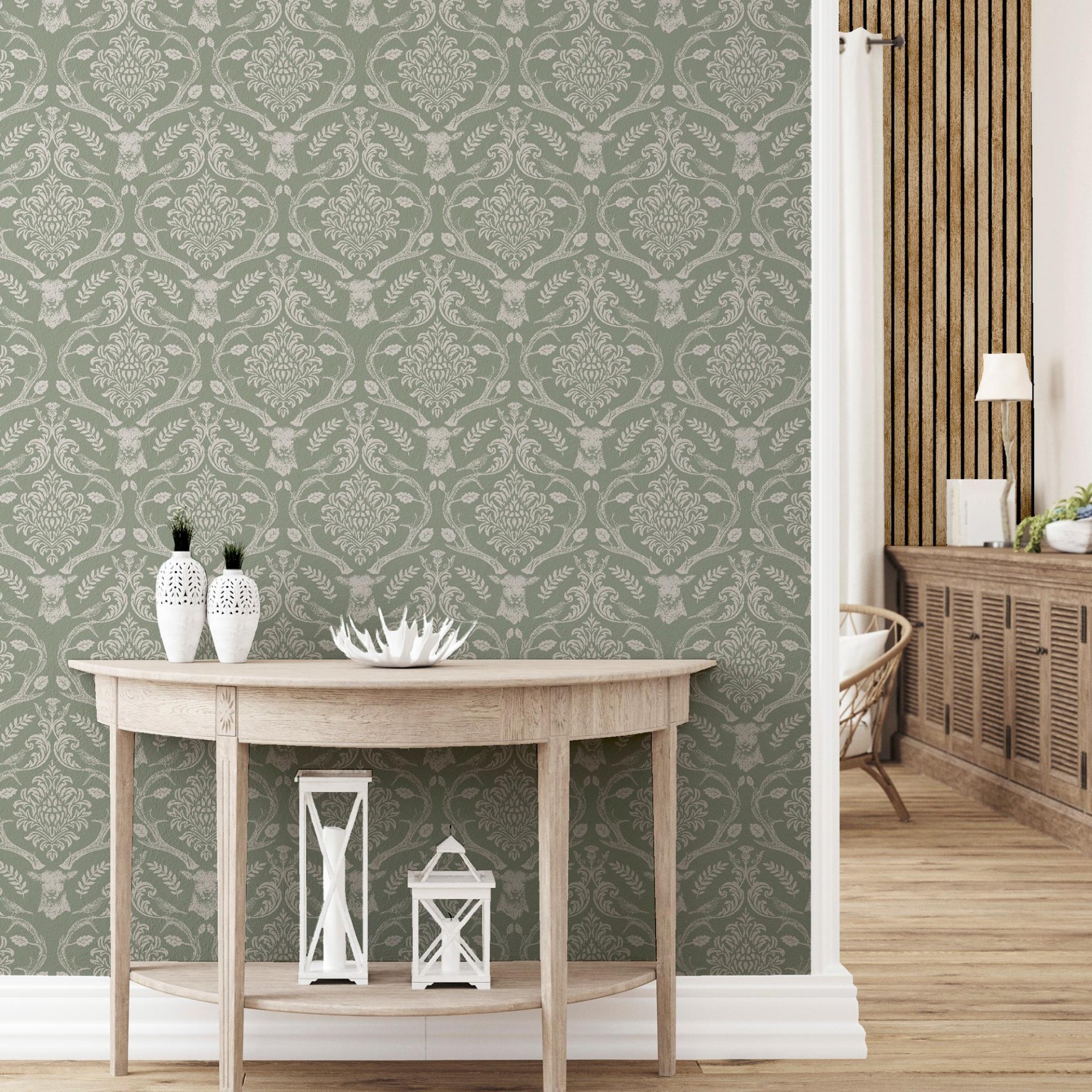 Stag Damask Sage Green - 923706 wallpaper Arthouse
