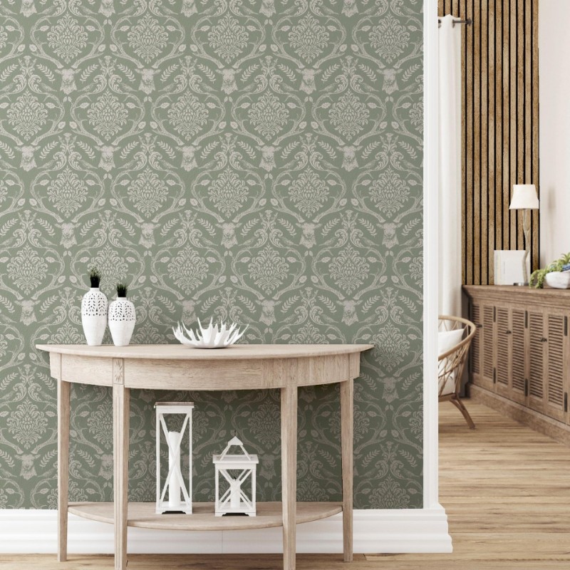 Stag Damask Sage Green - 923706 wallpaper Arthouse