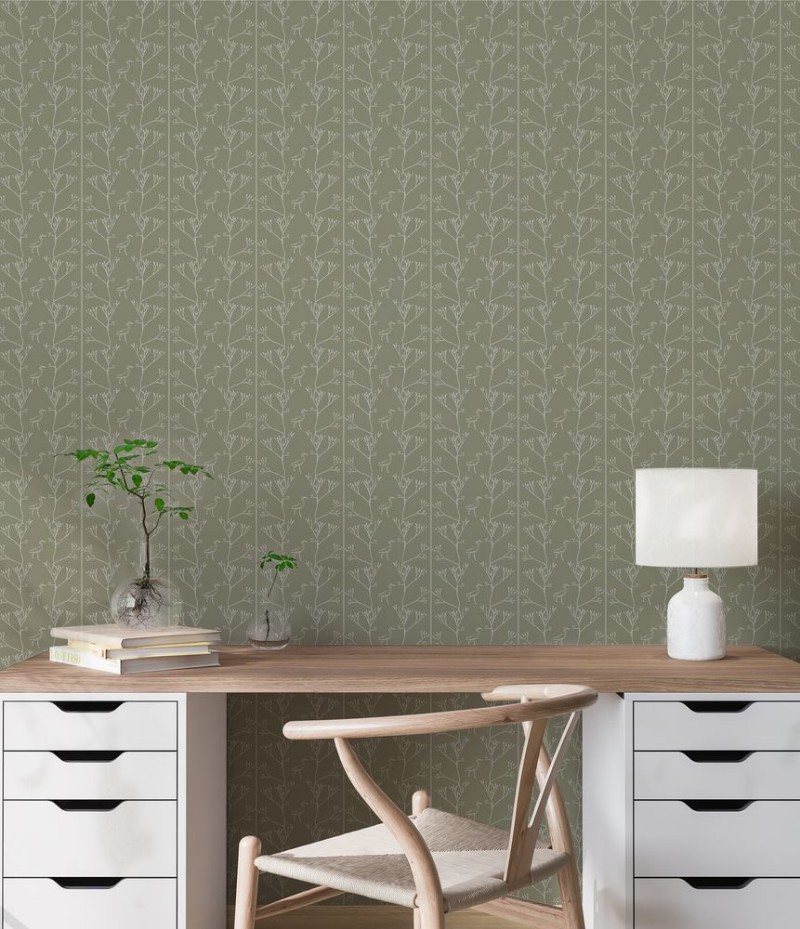 Twigs and Heron in Olive - 1033801-02 wallpaper Wallpassion