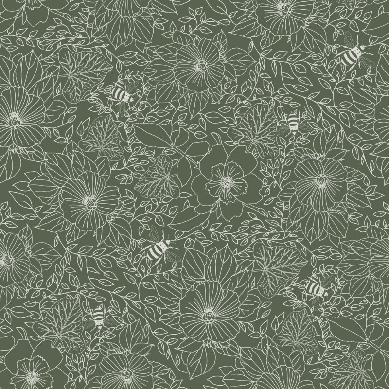 Picture of Bees and Flowers in Dark Green - 1032001-10