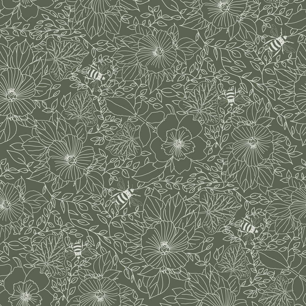 Picture of Bees and Flowers in Dark Green - 1032001-10