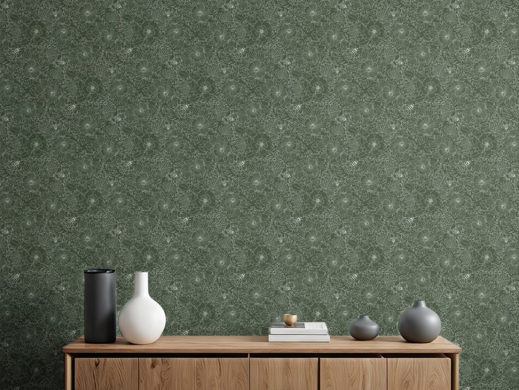 Picture of Bees and Flowers in Dark Green - 1032001-10