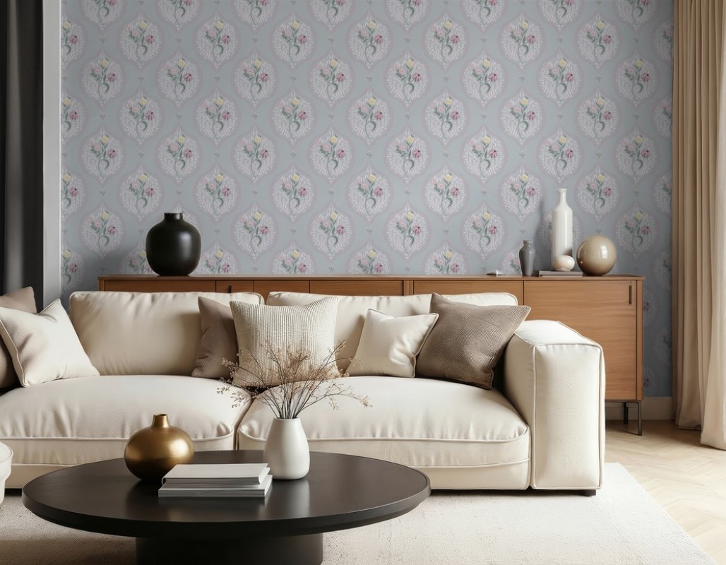 Bild på Flower bouquet in ogee Light Grey - 1032601-08