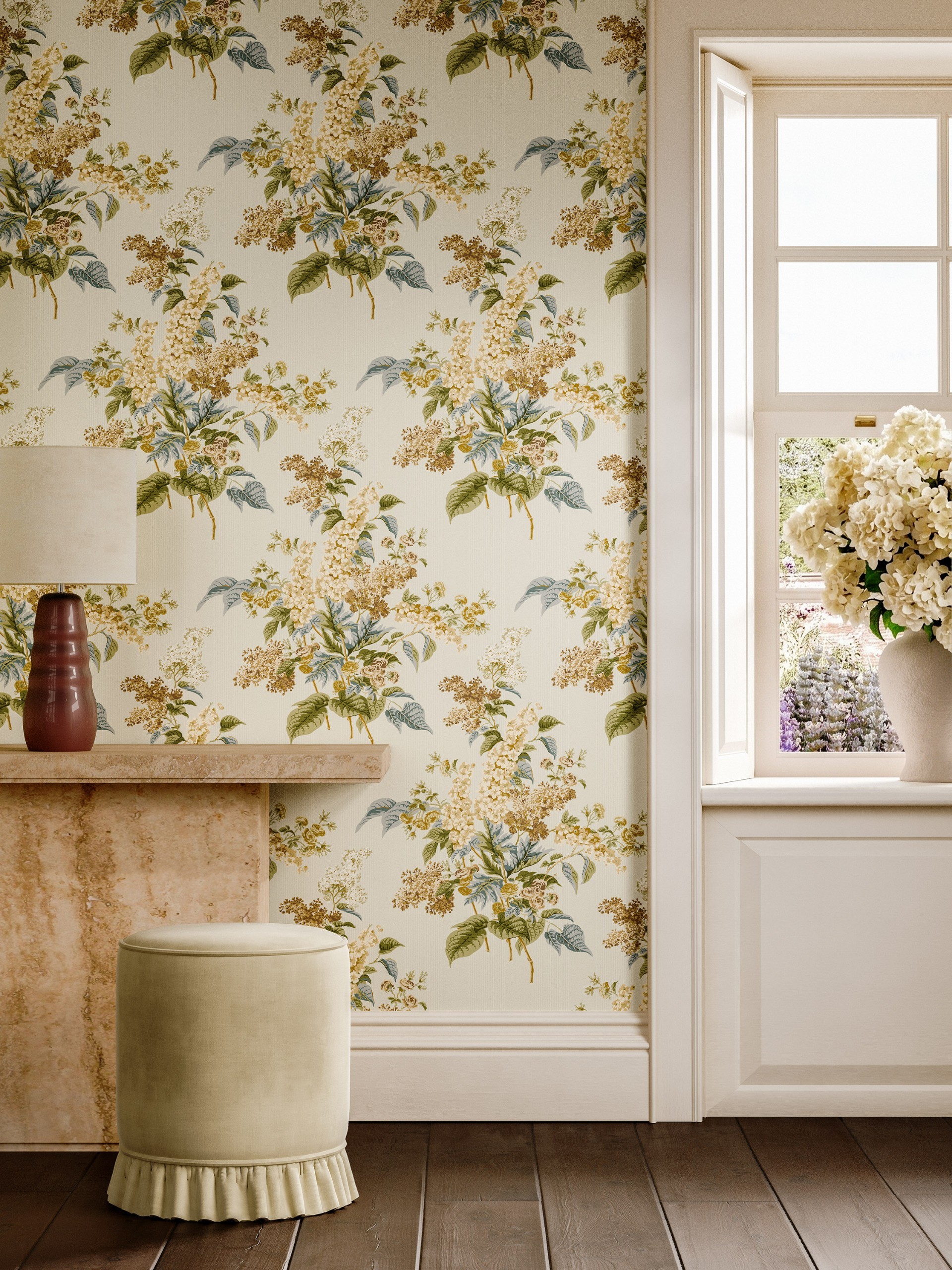 Delphiniums & Lilac Meadow Moss - SAX0079-01 wallpaper Sanderson