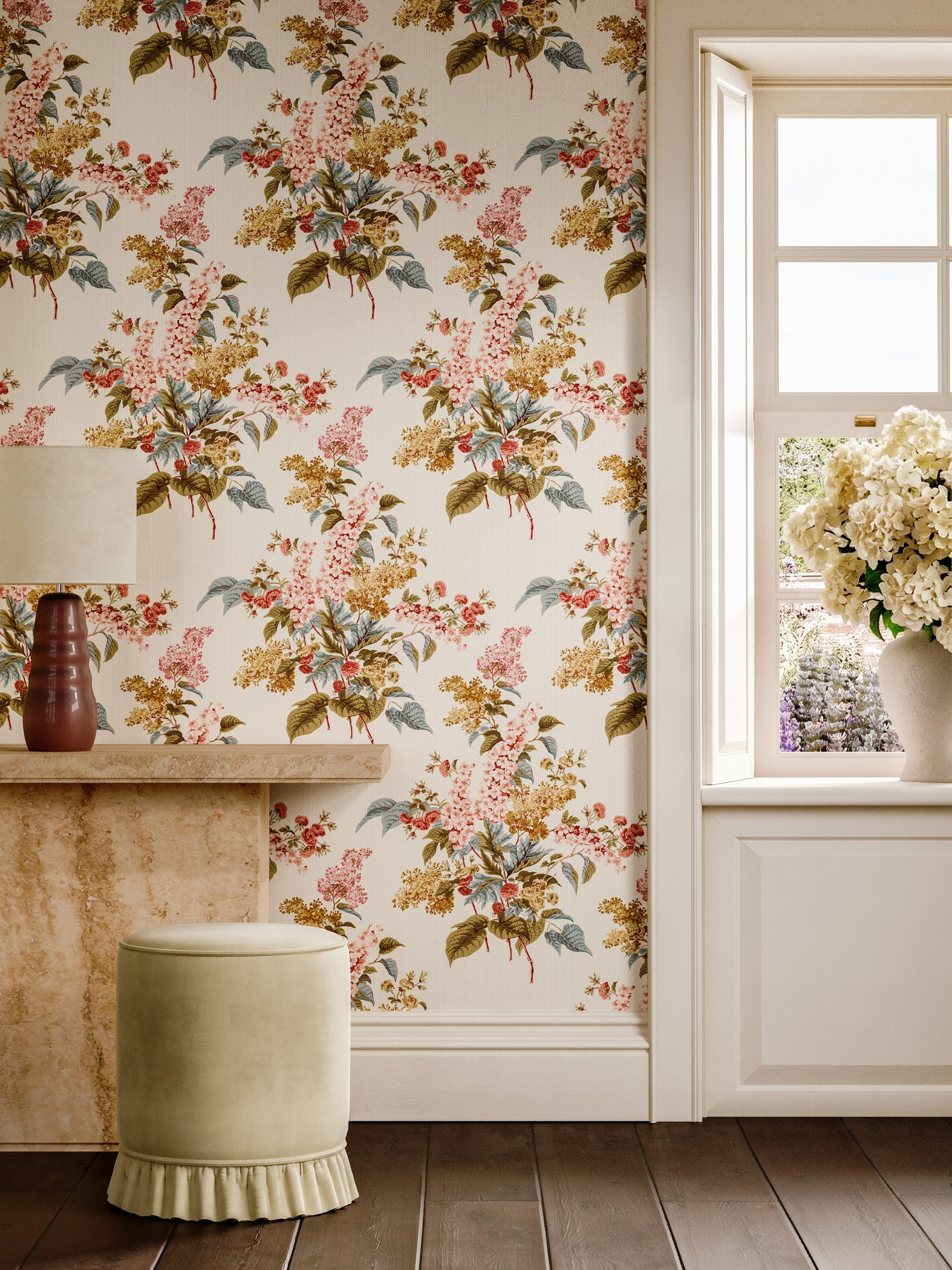 Delphiniums & Lilac Madder Rose/Sepia - SAX0079-02 wallpaper Sanderson