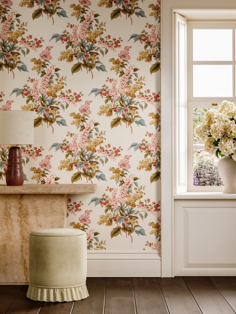 Delphiniums & Lilac Madder Rose/Sepia - SAX0079-02 wallpaper Sanderson